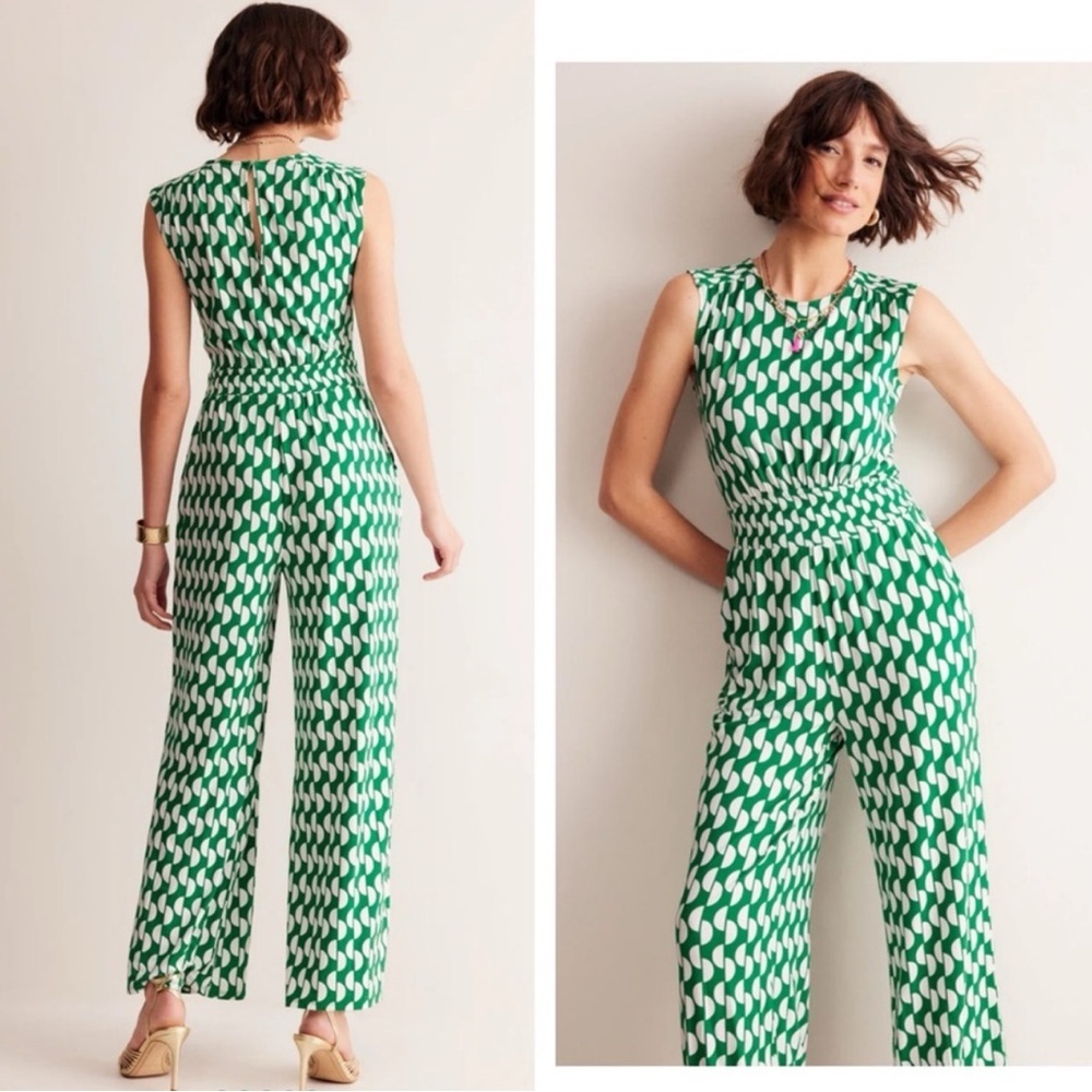 Boden Thea Jersey Jumpsuit Emerald Green Geo Wave Print Size 10 Geometric Print